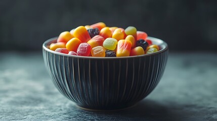 Assorted fruit flavored gummy candies in a ceramic bowl sweet treat confectionery sugar snack colorful dessert