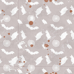 Seamless pattern in magic style with owls,  cats, and coffee spots 