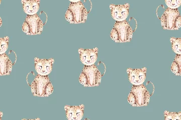 Leopard seamless pattern.Cute tiger pattern background for fabric design, wallpaper.Watercolor painted animal cartoon.Suitable for children.Pastel green tones.