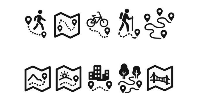 Hiking, biking linear icon set. adventure, navigation, exploration outline collection