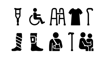 Healthcare and orthopedic solid icon set. disability aid, medical support symbols