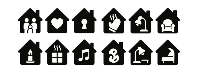 Home activity solid icon set. family, hobbies, relaxation solid icons collection