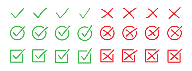 Check tick mark icon set. Cross box x check mark  v list vector hand drawn sketch doodle marker. Checklist symbol wrong, right circle and rectangle. Vector Illustration.
