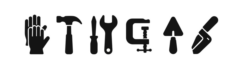 Obraz premium Tool and construction silhouette icon set. essential building tools collection