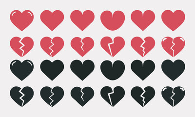 Red & Black Heart Icons Set, Love & Broken Hearts, vector illustration