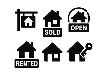Real estate silhouette icon set. sold, open, rented, keys, house icons collection