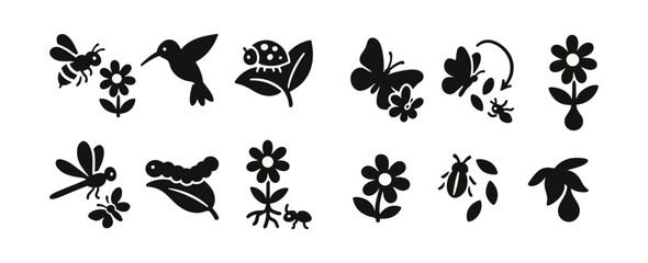 Nature and wildlife silhouette icon set. flowers, insects, animals silhouette collection