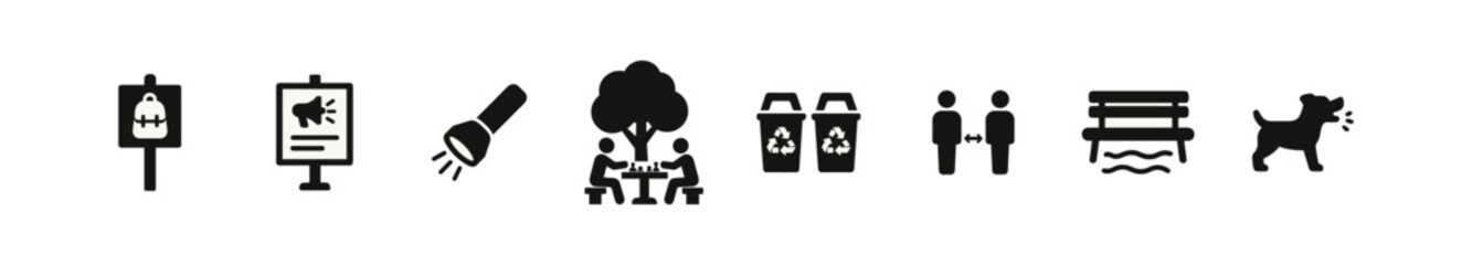 Park and recreation solid icon set. outdoor, leisure, nature symbols solid collection