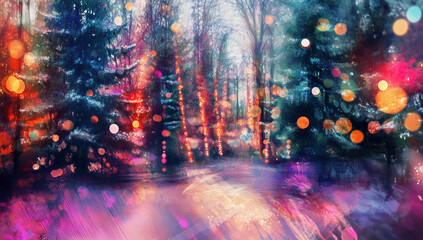 Magical, colorful forest with trees and glowing lights