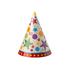 A colorful party hat with stars and circles is isolated on transparent background
