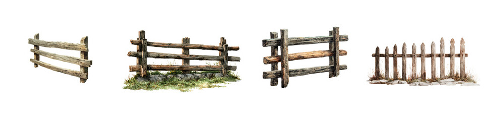 Rustic Fence Assortment: Vintage Wooden Barriers on White
