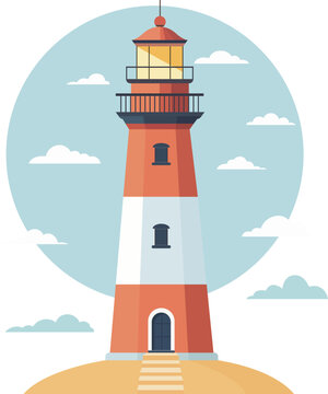 Lighthouse on a coastal island in flat vector illustration. Navigation, guidance, and maritime safety