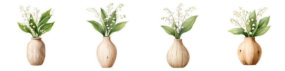 Lily of the Valley Flowers in Vases, Watercolor Illustration Set
