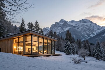 Modern wooden cabin with large glass windows nestled in a snowy mountain landscape at dusk