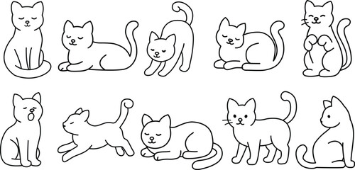 Cute Cat Outline Vector Set – Minimalist Line Art of Playful and Sleeping Cats