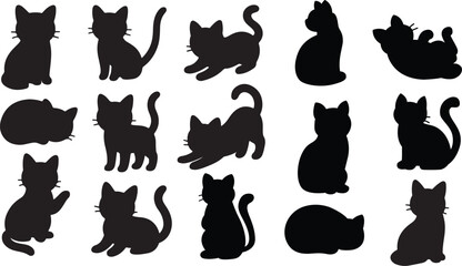 Cute Black Cat Silhouettes Collection – Playful Kitten Poses Vector Set