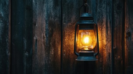Rustic lantern glows on dark wooden wall