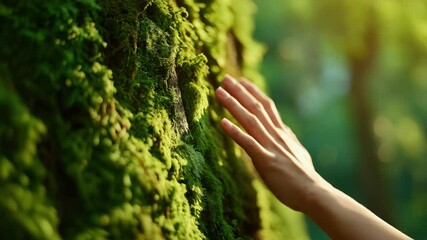 A hand gently caresses the vibrant moss covering a tree trunk in a peaceful forest during golden hour, emphasizing a connection with nature and tranquility. - Powered by Adobe