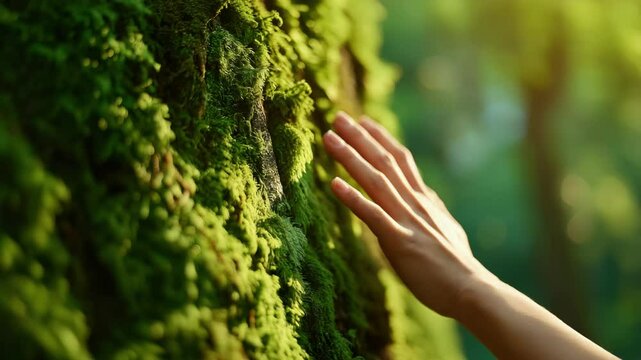 A hand gently caresses the vibrant moss covering a tree trunk in a peaceful forest during golden hour, emphasizing a connection with nature and tranquility.