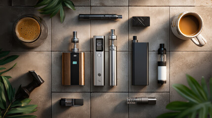 A collection of various vaping devices arranged on a tiled surface. Coffee cups and green plants are present, creating a modern lifestyle scene. flat lay
