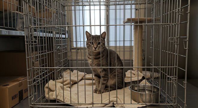Sad Cat Awaits Adoption: A Gray Tabby in a Cage on National Adopt A Cat Month