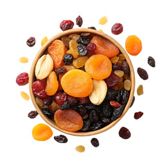 Overhead view of a wooden bowl filled with assorted dried fruits and nuts