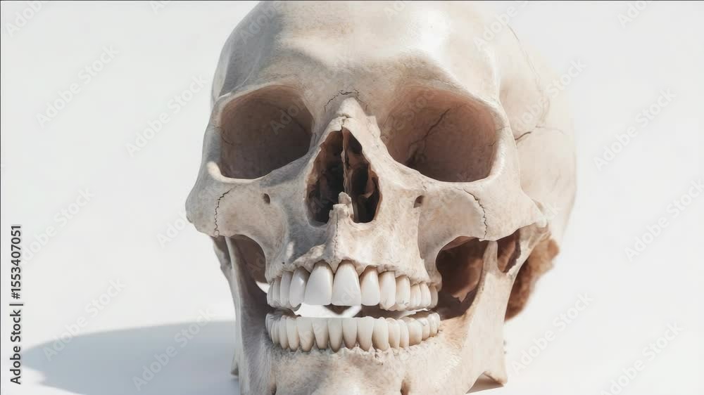 Poster a realistic 3d rendering of a human skull with teeth, showing the intricate structure and function.
