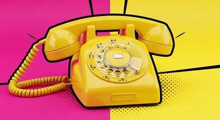 Vintage Yellow Rotary Phone on Pop Art Pink and Yellow Background
