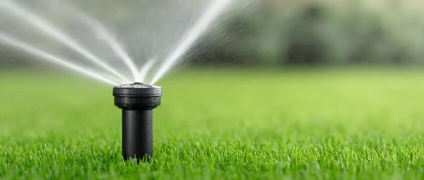 Watering the Garden: A close-up shot of a sprinkler system, evenly distributing water droplets, revitalizing lush green grass