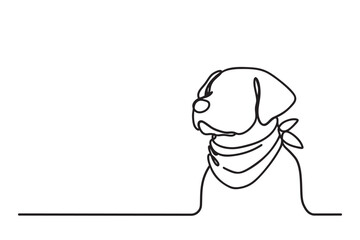Continuous line drawing of cute dog wearing bandana. Simple minimalistic line drawing of cute dog