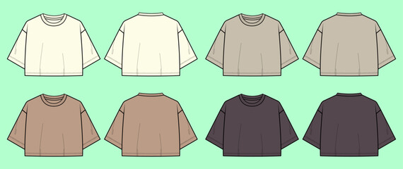 Women drop shoulder with crop short sleeve t-shirt technical drawing fashion flat sketch.