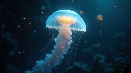 Ethereal bioluminescent jellyfish drifting in the deep blue ocean