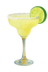  Watercolor vector illustration of Margarita cocktail. Isolated on white background. 