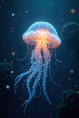 Ethereal bioluminescent jellyfish drifting in the deep blue ocean