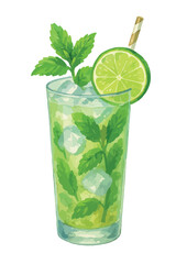  Watercolor vector illustration of Mojito cocktail. Isolated on white background. 