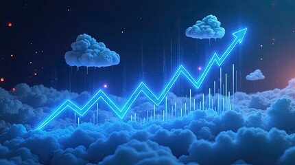 Blue screen with a line graph on clouds. Futuristic concept. 3d rendering Graphics. AI Technology, Business Evaluation