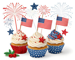 Cupcakes decorated with mini American flags and fireworks shapes for the usa independence party.