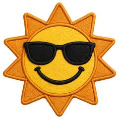 Cute embroidery patch of sun wearing black sunglasses with a smile on transparent background