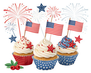 Cupcake topper with mini american flags, stars and fireworks icons, usa independence day celebration, transparent background.