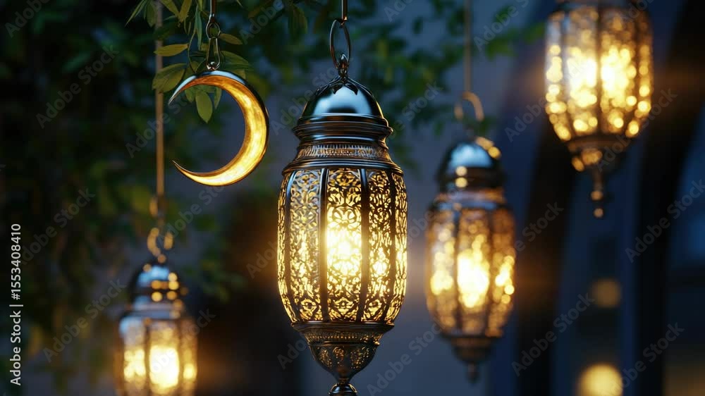 Poster close-up of hanging lanterns with illuminated candles, creating a cozy and warm atmosphere.