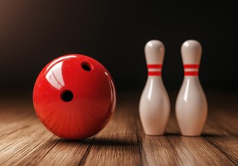 Bright Red Bowling Ball Next to Two Bowling Pins on Wood Floor