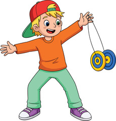 A happy cartoon boy with blond hair, wearing a red baseball cap, joyfully plays with a classic blue and yellow yo-yo toy background.