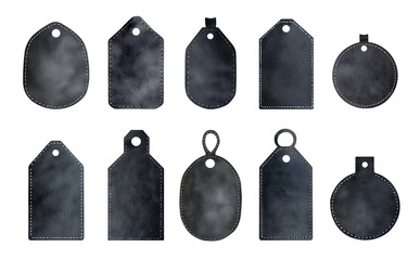 Set of black clothing and bag tags, imitation suede material. Collection of empty watercolor labels of different shapes. Isolated clipart with clear even edge on transparent background