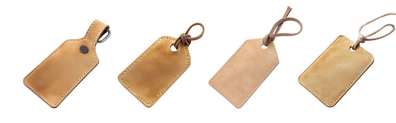 Rectangular clothing and bag tags, top view angle with focus blur. Set of empty beige leather labels with holder. Isolated clipart with clear even edge on transparent background