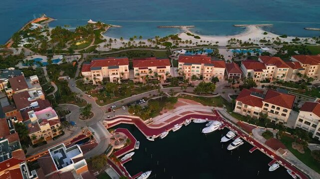 Luxury Marina with Yachts at Sunset in Cap Cana, Dominican Republic. Aerial view