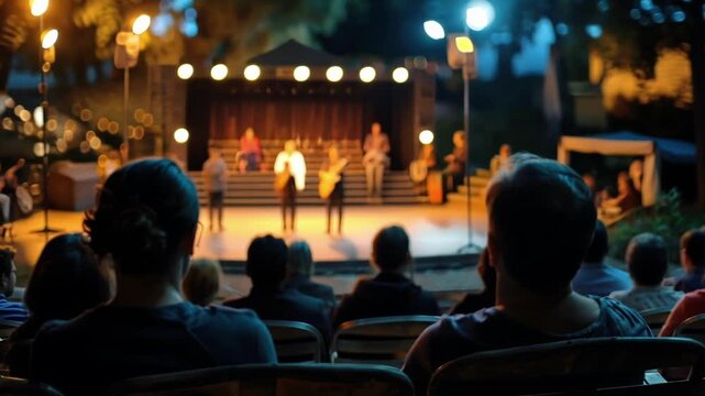 Blurry silhouettes mingle in the openair theatre lost in the performance.