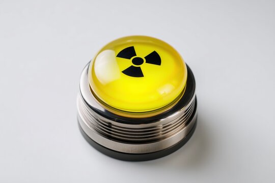 Radioactive button presents danger and warns of contamination with a yellow dome and the trefoil symbol.
