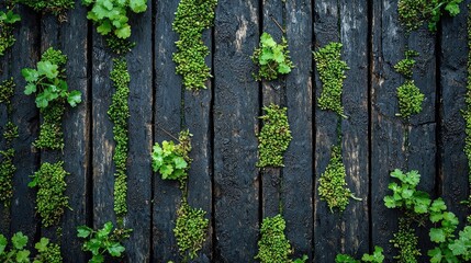 Green plants growing on dark wooden planks.