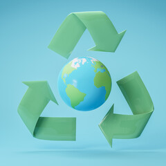 3D render of Earth encircled by a green recycle symbol on a blue background, symbolizing environmental protection, sustainability, and eco-friendly global efforts.
