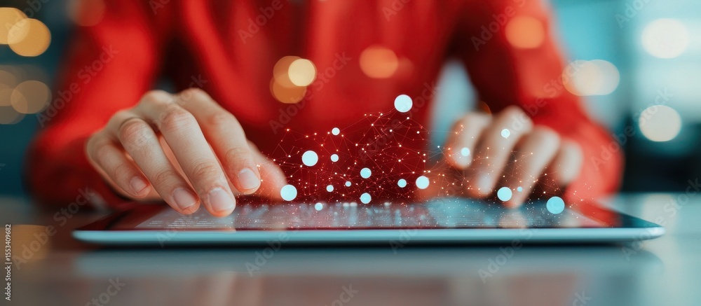 Aufkleber hands typing on tablet with abstract digital effects in background